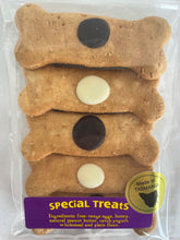 Load image into Gallery viewer, One of our most popular treats !  A great gift for your or someone else’s dog. Ideal birthday or Xmas present !   Contains 5 bone shaped treats with carob and yoghurt buttons.  Dogs love this treat with raw Australian peanut butter and Tasmanian Leatherwood honey.   A great special treat that dogs will love!    The bones are about 8cm long   Ingredients: Wholemeal and plain flour, free-range eggs, raw Australian peanut butter, Tasmanian leatherwood honey, carob and yoghurt
