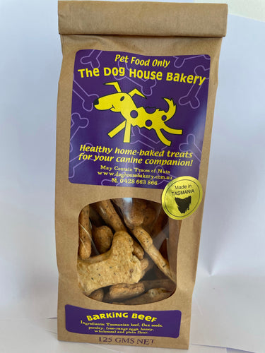 Barking Beef in a large bone - A delicious treat made from 100% Tasmanian Beef - 95% Lean meat ,parsley, and flax seeds that your dog will love. 100% Australian made product 