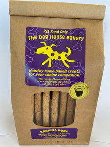 Barking Beef in a large bone - A delicious treat made from 100% Tasmanian Beef - 95% Lean meat ,parsley, and flax seeds that your dog will love. 100% Australian made 